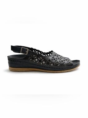 Volks Walkers Black Laser-Cut Slingback Sandals Wedge Shoes Size 38